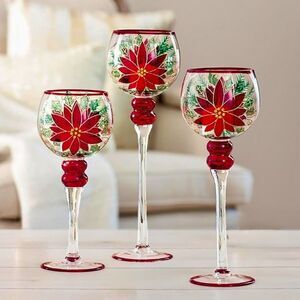 Home For The Holiday Hand Painted Poinsettia Glass Candle Holders 3 Pieces